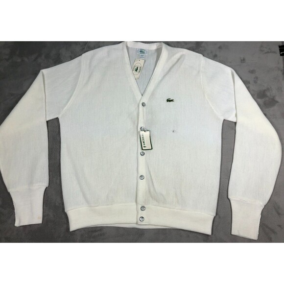 VINTAGE NEW Izod Lacoste Cardigan Sweater Mens L White USA Preppy Grandpa 80s - Picture 1 of 10